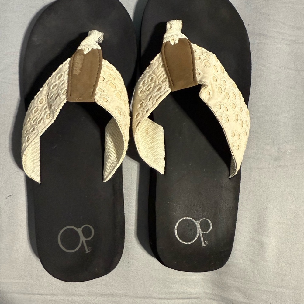 OP Women's Sandals with Black Sole and Cream Colored Embroidered Straps